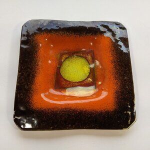 Mid Century Modern orange brown yellow Square Glass Dish for vintage credenza